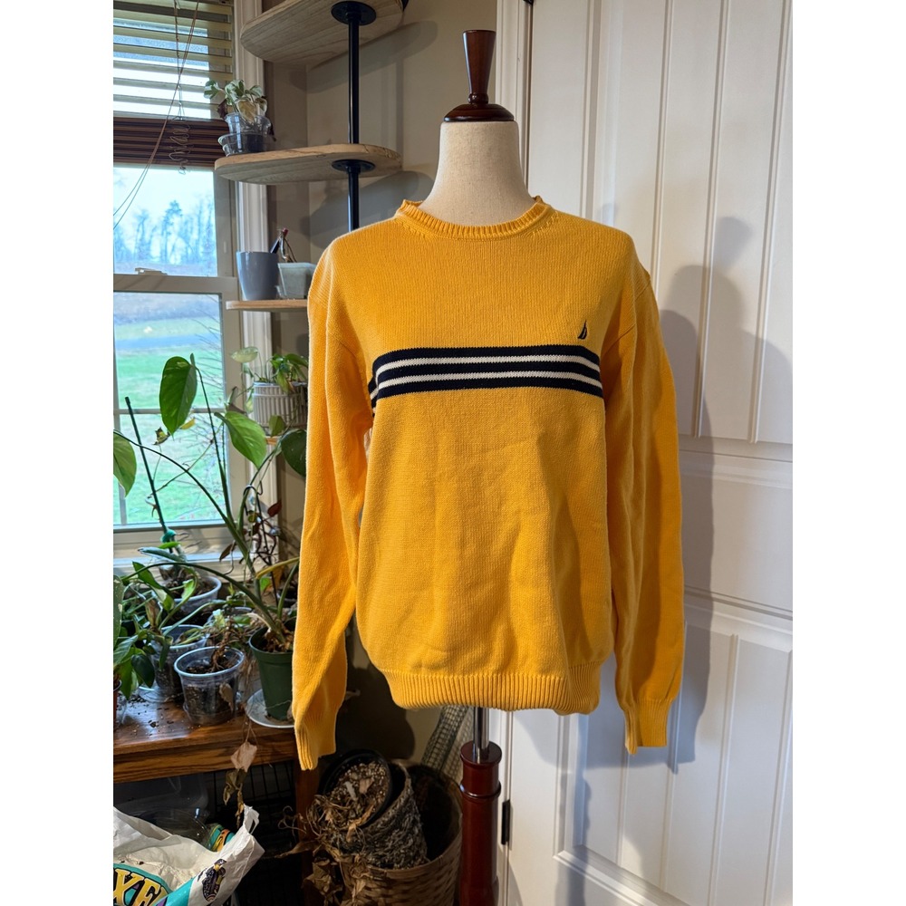 Nautica Mens Yellow Striped Long Sleeve Crewneck Sweater‎ Size M